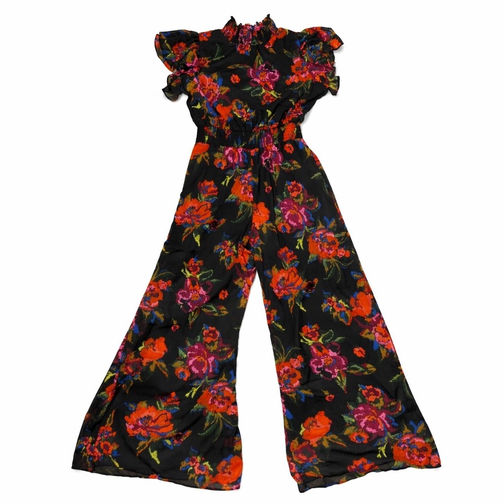 CYNTHIA STEFFE Floral Jumpsuit Smock Waist Ruffle Sleeve Black‎ Wide Leg Med NWT